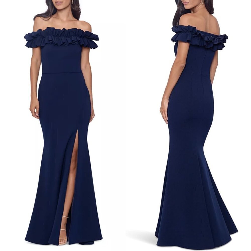 NWT XSCAPE Scuba Crepe Ruffled Off Shoulder Gown in Navy Sz. 6